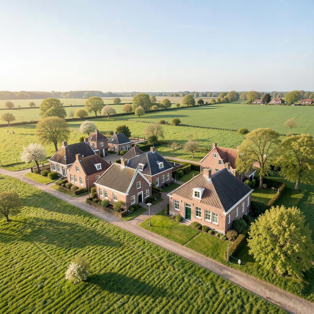 Luchtfoto van een klein dorp in Noord-Nederland met traditionele woningen en groene weilanden