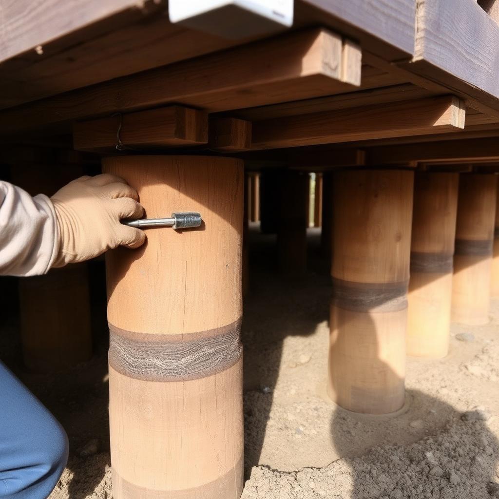 Houten heipalen onder een Nederlandse woning