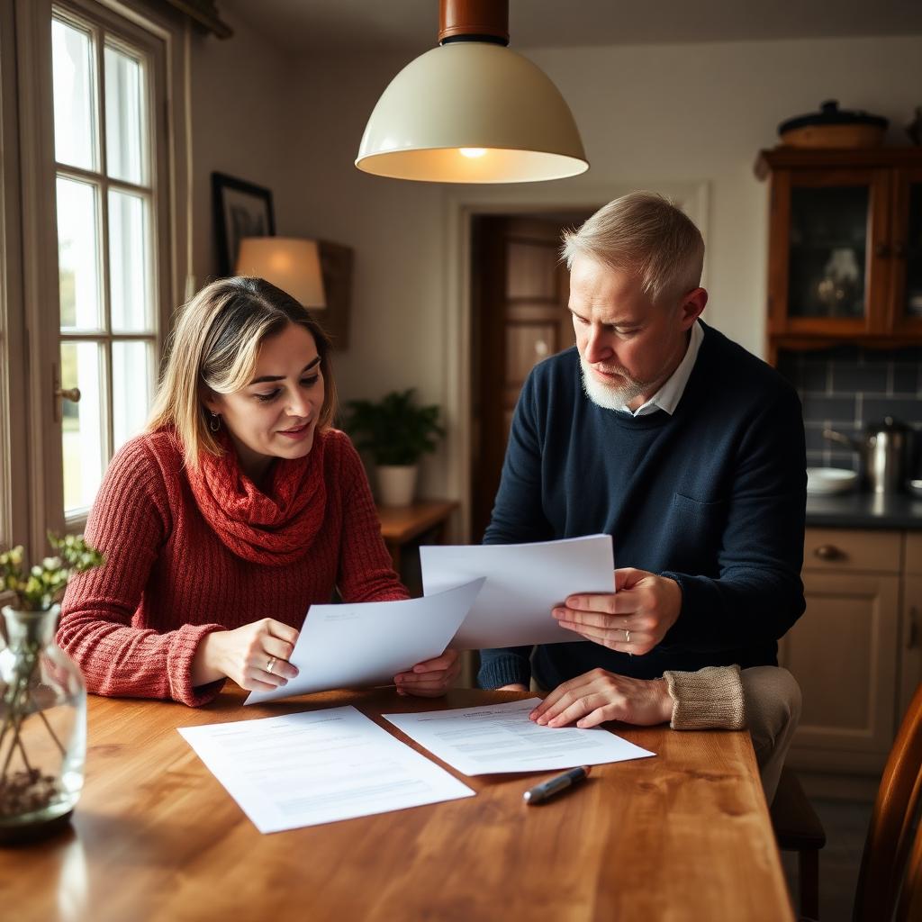 Taxateur en woningeigenaar bespreken documenten aan de keukentafel