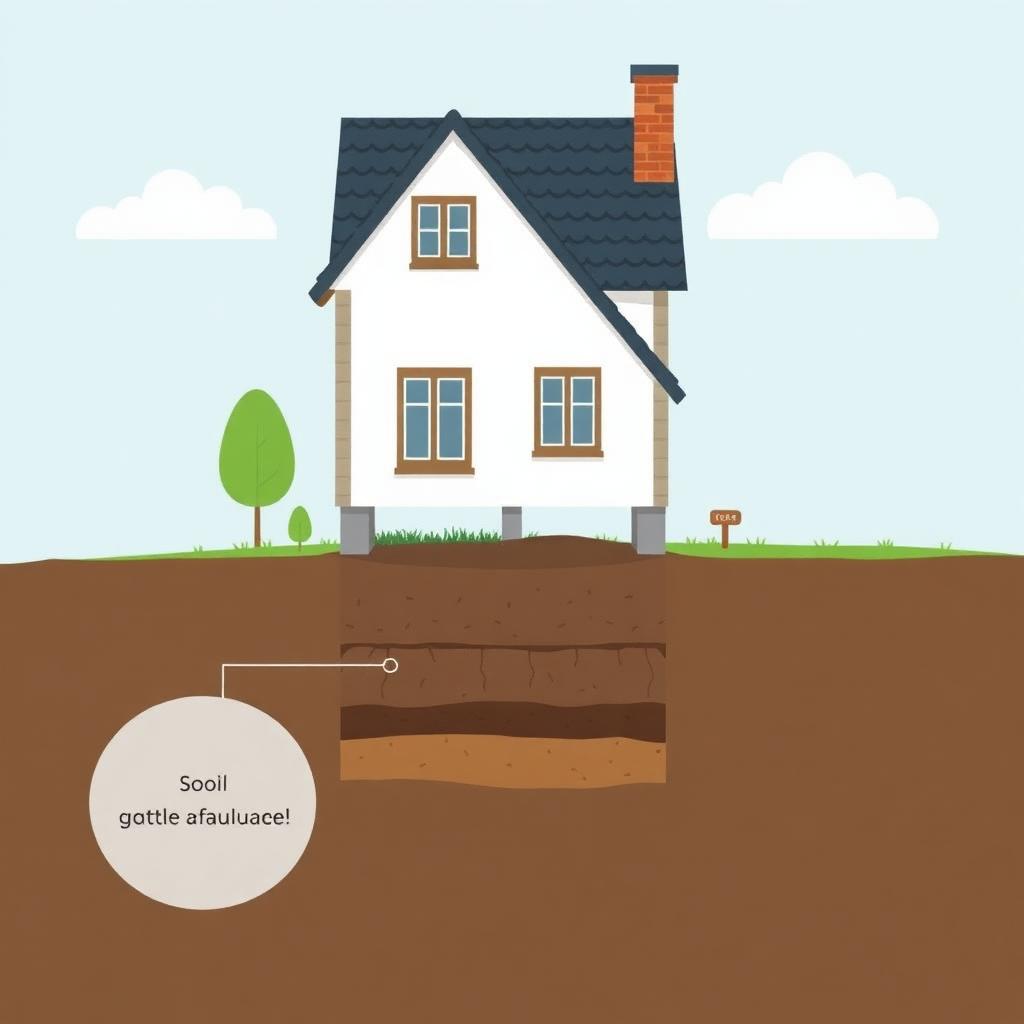 Illustratie van een woning met de fundering en bodemlagen zichtbaar